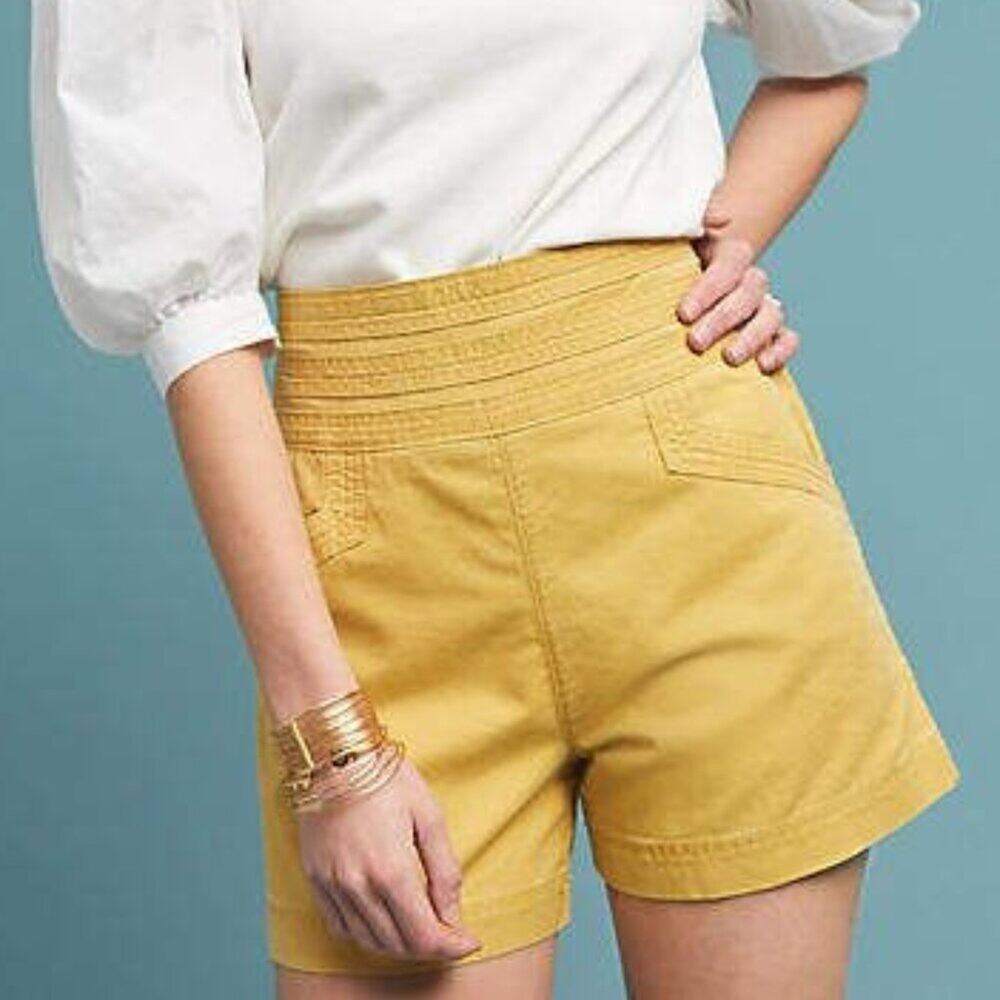 Anthropologie Hi-Rise Boardwalk Linen Blend Side Button Shorts In Mustard Size 4